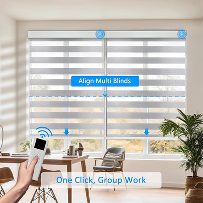 Motorized Zebra Blinds for Windows Cordless Electric Curtains with Remote Control Blackout Shades Custom Smart Blinds Compatible with Alexa Google Home(Light Filtering Grey,W54 X 72in)