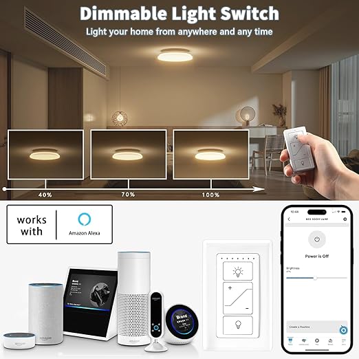 Humpptom Wireless Dimmer Light Switch and Receiver Compatible With Alexa - Smart Wall Switch for Ceiling Lights, Fans, Lamps
