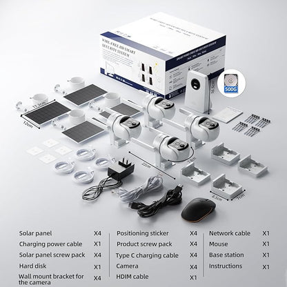 Solar Security Cameras Wireless Outdoor, 4MP Solar Powered Home Security Cameras System, 4 Cam kit, Color Night Vision, 360° PTZ, 500G HDD Local Recording, No Monthly Fees