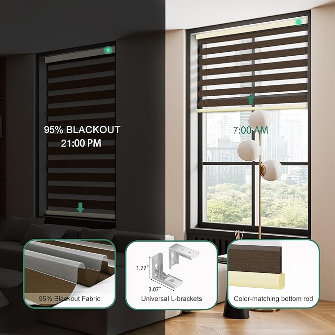 Motorized Zebra Blinds with Remote, Work with HomeKit Alexa Automatic Electric Window Shades 95% Blackout Light Filtering for Smart Home and Office, Customized Size Modern Coffee