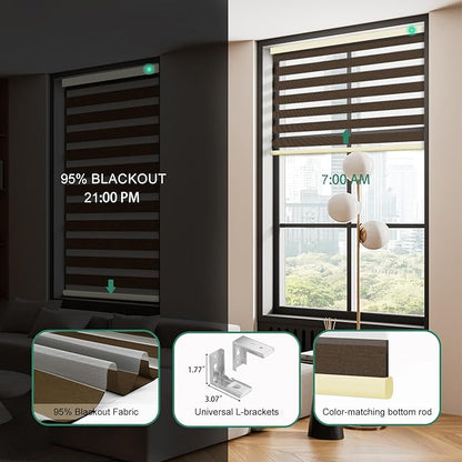 Motorized Zebra Blinds with Remote, Work with HomeKit Alexa Automatic Electric Window Shades 95% Blackout Light Filtering for Smart Home and Office, Customized Size Modern Coffee