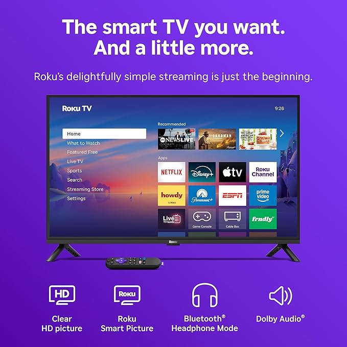 Roku Smart TV 2026 – 32-Inch Select Series, 720p HD TV – Roku TV with Voice Remote – Flat Screen LED Television with Wi-Fi for Streaming Live Local News, Sports, & Movies – Bluetooth Headphone Mode