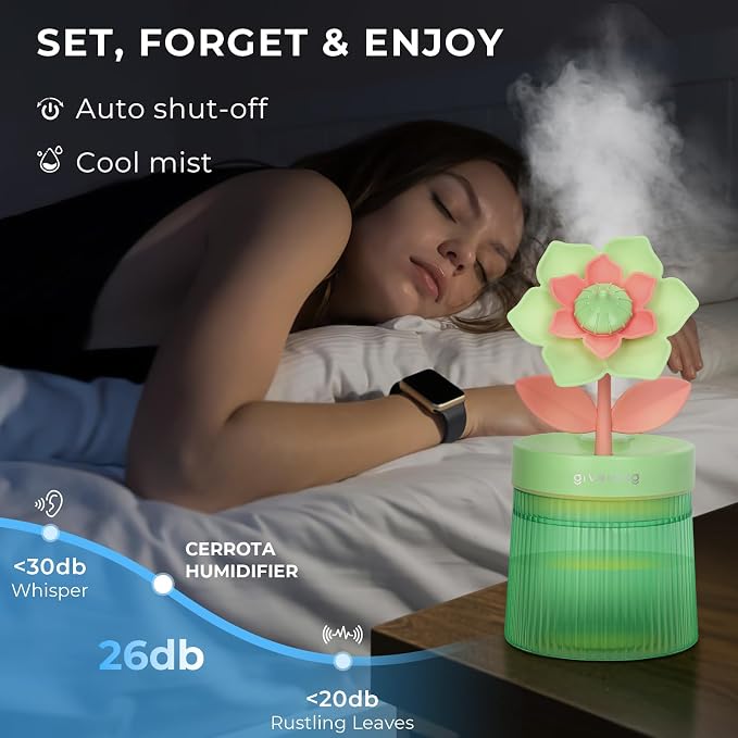 Flower Mini Humidifier, Cute Small Humidifiers, USB Portable Personal Cool Mist Desktop Humidifiers, Cooling for Home Office Car Summer Travel (260ml, Green Gardenia)