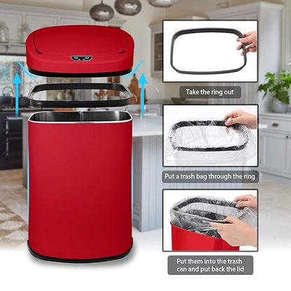 HCY Kitchen Trash Can 13 Gallon Automatic Metal Garbage Can Stainless Steel Waste Bin with Lid Smart for Kitchen,Office,Living Room,Bathroom(Red)