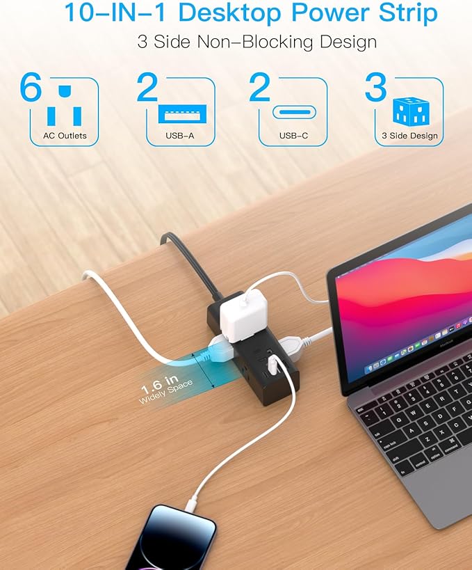 One Beat 10Ft Extension Cord with Multiple Outlets,Flat Plug Power Strip