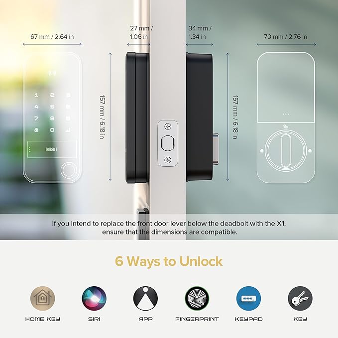 ThorBolt X1 Apple Home Key Lock, iOS ONLY Smart Keyless Entry HomeKit Door Lock with Fingerprint, Keypad Deadbolt Lock Works with HomeKit Over Thread (Border Router Required), IP65 Weatherproof, Black