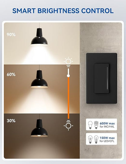 ELEGRP Smart Dimmer Light Switch DTR30, Single Pole or 3 Way, 2.4GHz Wi-Fi Touch Dimmer Compatible with Alexa/Google Assistant, Needs Neutral Wire, No Hub Required, UL Listed, Matte Black, 2 Pack