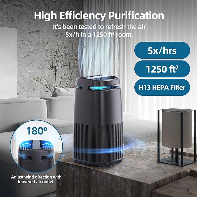 POMORON 4-in-1 Air Purifiers for Home, Air Ionizer Negative Ion Generator, True H13 Filter, UV, Covers 1250 Ft² 99.97% Removal Rate for Pollen Smoke Pet Dander Air Cleaner for Bedroom, MJ002H, Black