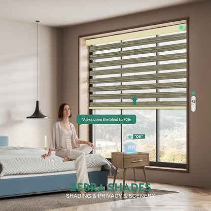 Motorized Zebra Blinds with Remote [Dual Layer + Light Filtering] 60% Blackout Smart Shades for Indoor Windows, Alexa Google and HomeKit Compatible, Customized Size, Woven Slate