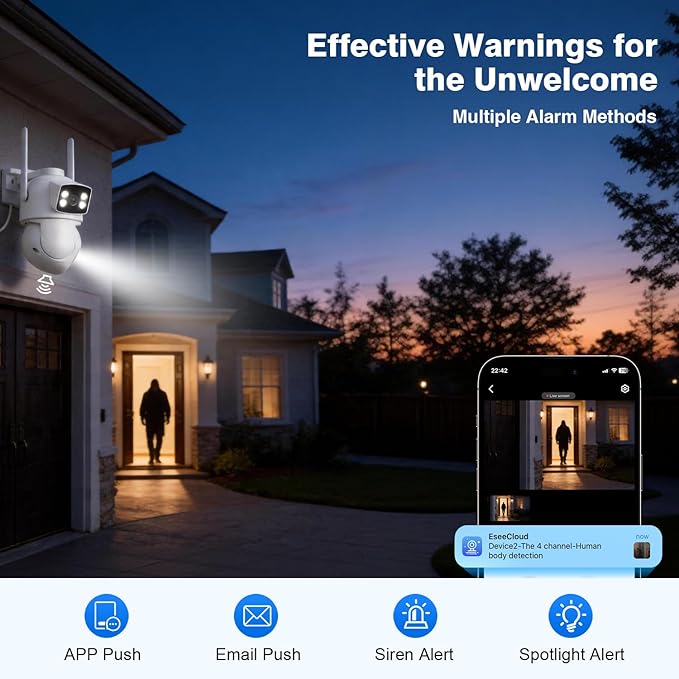 Expandable 16CH NVR Wireless Security System 10.1" Monitor, 4 Dual Lens PTZ 4MP Camera, Humanoid Motion Detection, Spotlight, Siren Alarm, 2-Way Audio, in/Outdoor, 1TB HDD, Color Nihgt Vision