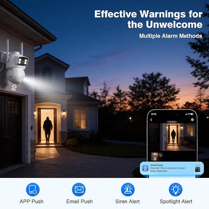 Expandable 16CH NVR Wireless Security System 10.1" Monitor, 4 Dual Lens PTZ 4MP Camera, Humanoid Motion Detection, Spotlight, Siren Alarm, 2-Way Audio, in/Outdoor, 1TB HDD, Color Nihgt Vision