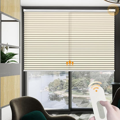 Motorized Cellular Shades Cordless Light Filtering Rechargeable Window Curtains with Remote for Privacy Protection Smart Home Electric Automatic Honeycomb Blinds for Windows, 46" x 48", Beige