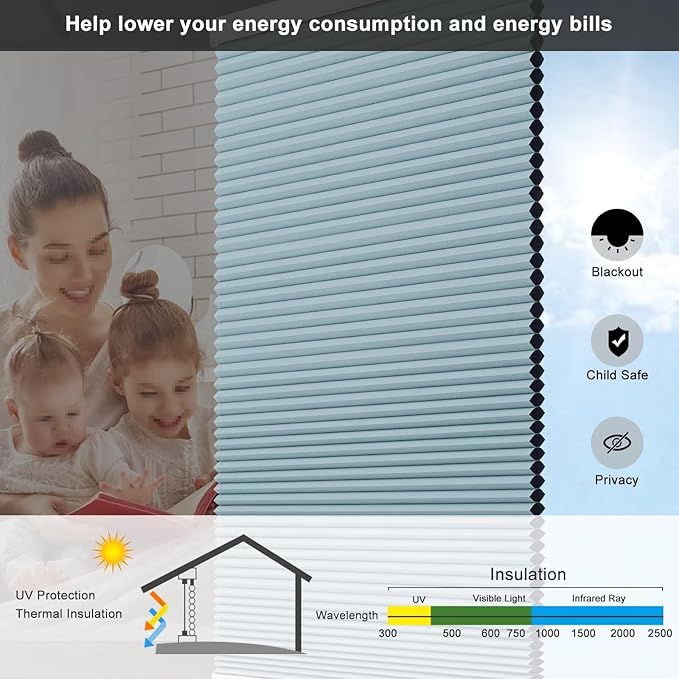 Changshade Cellular Shades Blackout Cordless Custom Size, Honeycomb Indoor Window Blinds Room Darkening 1.5 inch Cell Pleated Easy to Install for Home, Office, Bedroom, Nursey, Blue