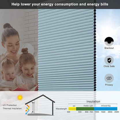 Changshade Cellular Shades Blackout Cordless Custom Size, Honeycomb Indoor Window Blinds Room Darkening 1.5 inch Cell Pleated Easy to Install for Home, Office, Bedroom, Nursey, Blue