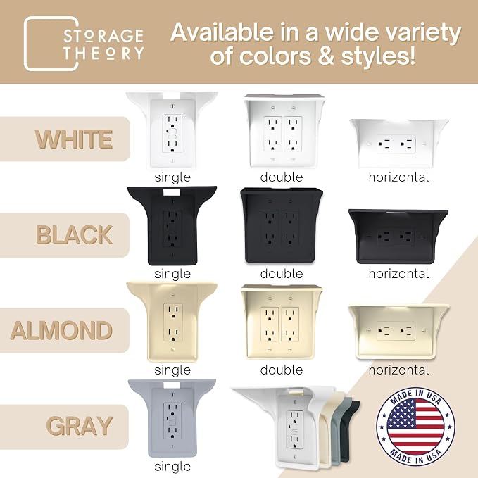 Power Perch Horizontal Outlet Shelf, Renter Friendly Shelves, 1-Pack White | No Drill Alexa Stand Holder Outlet Mount for Bathroom, HomePod Stand, Cord Storage Strap, WiFi Router Wall Shelf, USA Made