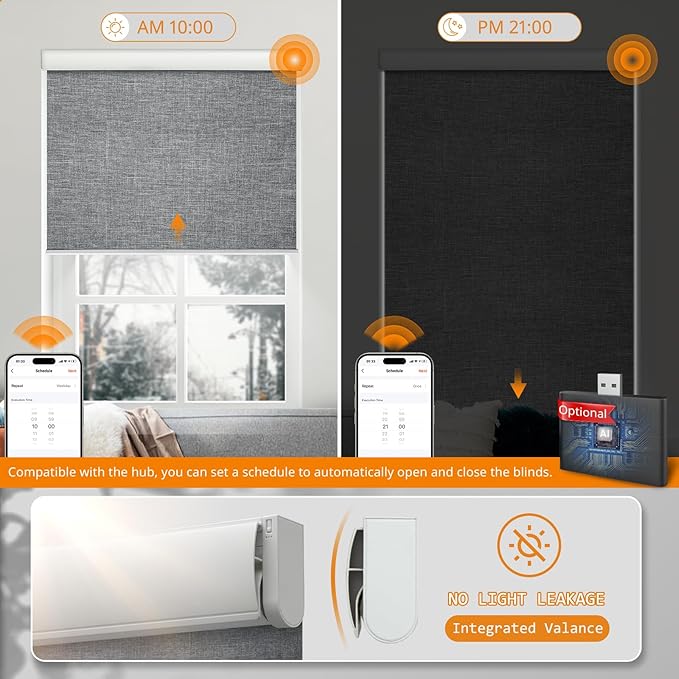 Motorized Smart Blinds with Remote - Cordless Electric Roller Shades, Blackout, Compatible with Alexa & Google Assistant, Gray, 27" W x 72" H