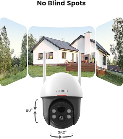 DEKCO Solar Security Camera Outdoor Wireless, Battery Powered, Panoramic Pan Tilt Zoom, Auto Motion Tracking, True 2K, Color Night Vision, Spotlight, 2-Way Talk