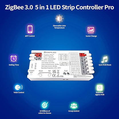 GIDEALED Smart ZigBee 3.0 LED Controller 5 in 1,Require ZigBee Hub Bridge for RGBWW RGBW RGB CCT COB LED Strip Light Dimmable 1%~100%,Support Hub APP/Alexa Echo Plus Voice Control Color Changing