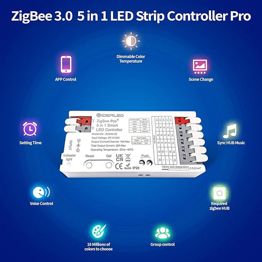 GIDEALED Smart ZigBee 3.0 LED Controller 5 in 1,Require ZigBee Hub Bridge for RGBWW RGBW RGB CCT COB LED Strip Light Dimmable 1%~100%,Support Hub APP/Alexa Echo Plus Voice Control Color Changing