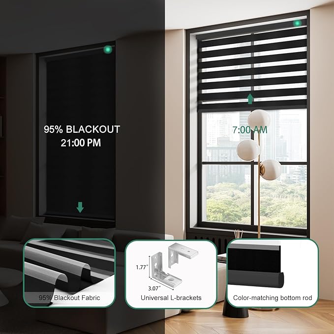 Motorized Zebra Blinds with Remote, Work with HomeKit Alexa Automatic Electric Window Shades 95% Blackout Light Filtering for Smart Home and Office, Customized Size Equinos Black