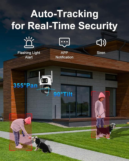6MP Dual Lens Outdoor Security Camera Outdoor, WiFi Home Surveillance Camera, 2.4GHz Wireless, PTZ, 355°Pan, 90°Tilt, Human Detection & Auto Tracking, 2-Way Audio, IP66, Night Vision, 24/7 recording