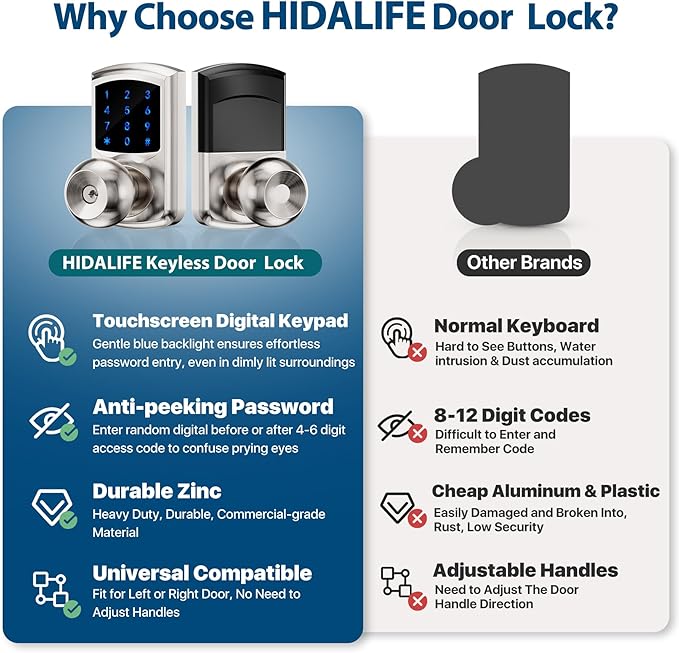 Hidalife Keyless Entry Door Lock with Code, Keypad Door Lock with Handle, Touchscreen Digital Lock with Keypad for Front Door, Auto-Lock, Satin Nickel