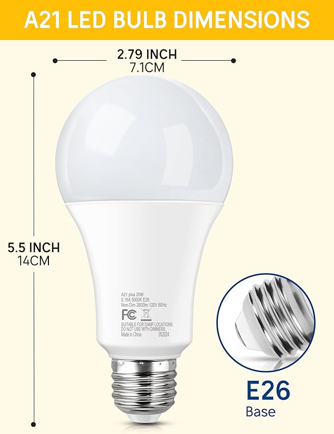 200-250 Watt Equivalent LED Light Bulb, A21 Super Bright LED Light Bulbs 25W, High Output 3050 Lumens, E26 Daylight White 5000K for Home, Office, Store, Garage, Warehouse, Garden, 2-Pack