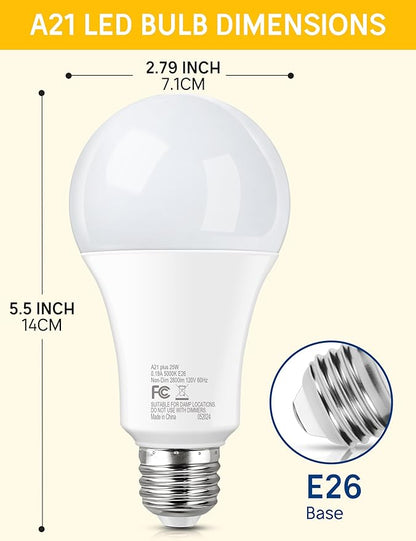 Super Bright LED Light Bulb, A21 25W High Output LED Bulbs 200-250 Watt Equivalent, 3050 Lumens, 5000K Daylight White E26 Porch Light Bulb, Perfect for Garage, No Flicker for Home Lighting, 4 Pack