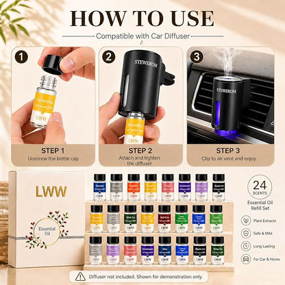 Car Air Freshener Diffuser Refills, 24 PCS 10ml Essential Oils Mixed Fragrance Set, Long Lasting Car Fragrance Oil Replacement for Car Diffusers, No Diffuser Included