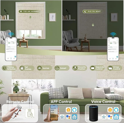 FineTell Motorized Blinds with Remote, 100% Blackout Roller Shades Compatible with Alexa,Apple Homekit,Google Home APP and Voice Control, Customized Electric Blinds (100% Blackout Linen Stone)