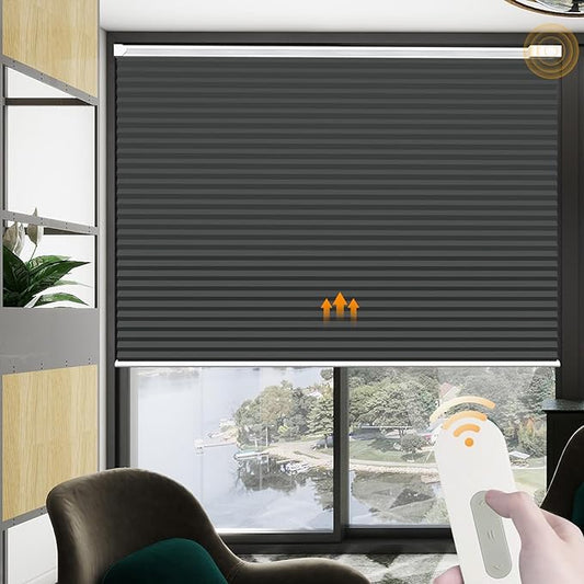 Motorized Cellular Shades Cordless Blackout Rechargeable Window Shades with Remote for Privacy Protection Smart Home Electric Curtains Automatic Honeycomb Blinds for Windows, 24" x 48", Black