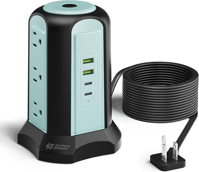 15Ft Long Extension Cord Power Strip Tower Surge Protector, Desktop Charging Station with Multiple Outlets, 9 Outlets, 4 USB (2 USB-C), 1080J Multiple Protections Outlet Extender for Home Office Blue