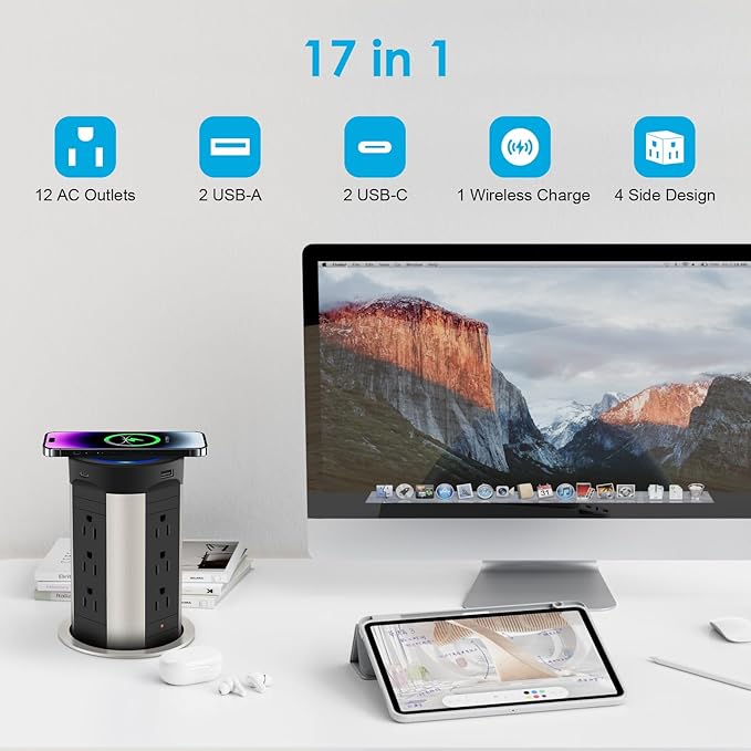 HEZI 4" Pop Up Countertop Outlet with 15W Wireless Charger, Max 45W Power Delivery,15A Tamper Resistant 1200J Surge Protection, Pop Up Electrical Receptacle with 12AC 2 USB-A 2 USB-C for Home Office
