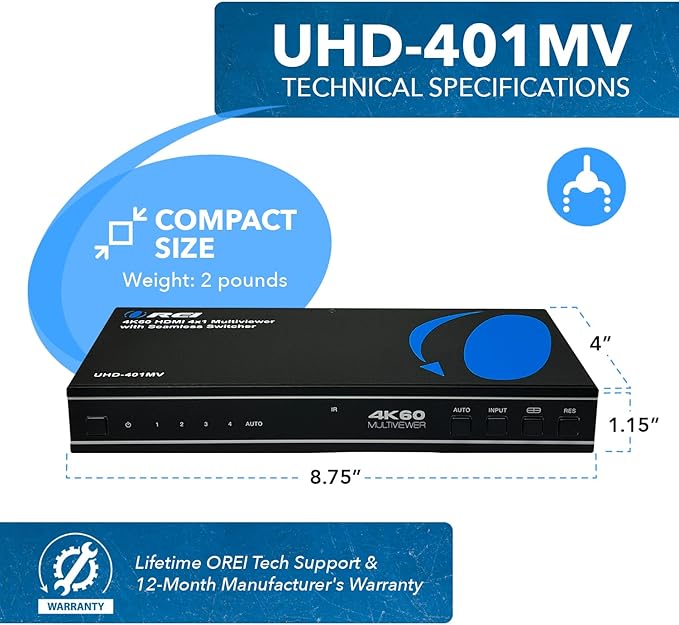 OREI 4K Multi HDMI Viewer Quad 4 in 1 Out, Switcher 4 Ports Seamless IR Remote Support 4K @ 60Hz 1080P for PS4/PC/DVD/Security Camera, HDMI Switch Optical Audio L/R Output - UHD-401MV