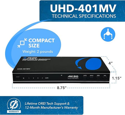 OREI 4K Multi HDMI Viewer Quad 4 in 1 Out, Switcher 4 Ports Seamless IR Remote Support 4K @ 60Hz 1080P for PS4/PC/DVD/Security Camera, HDMI Switch Optical Audio L/R Output - UHD-401MV