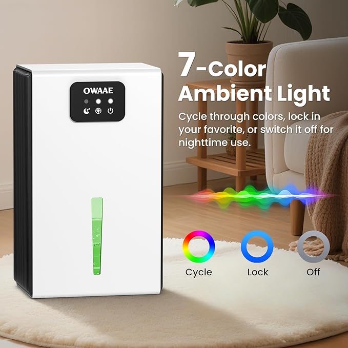 Dehumidifier, 1000 sq.ft Quiet Dehumidifiers for Home Bedroom Bathroom Basement with 95oz Water Tank, Sleep Mode, Auto Shut-Off 7 Colors LED Light, White