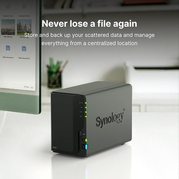 Synology DS223 Home & Office Backup Hub - Centralize Files, Protect Data & Monitor Property (2-Bay Diskless NAS)