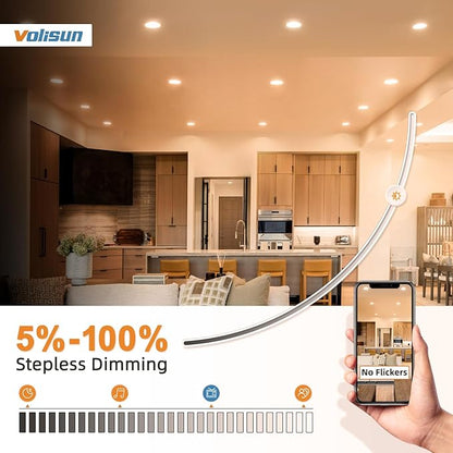 VOLISUN 12 Pack 3 inch Recessed Lighting, 5CCT LED Recessed Light with Junction Box, 2700K-5000K Selectable, Dimmable Canless Wafer Downlight, LED Ceiling Light ETL Certificated