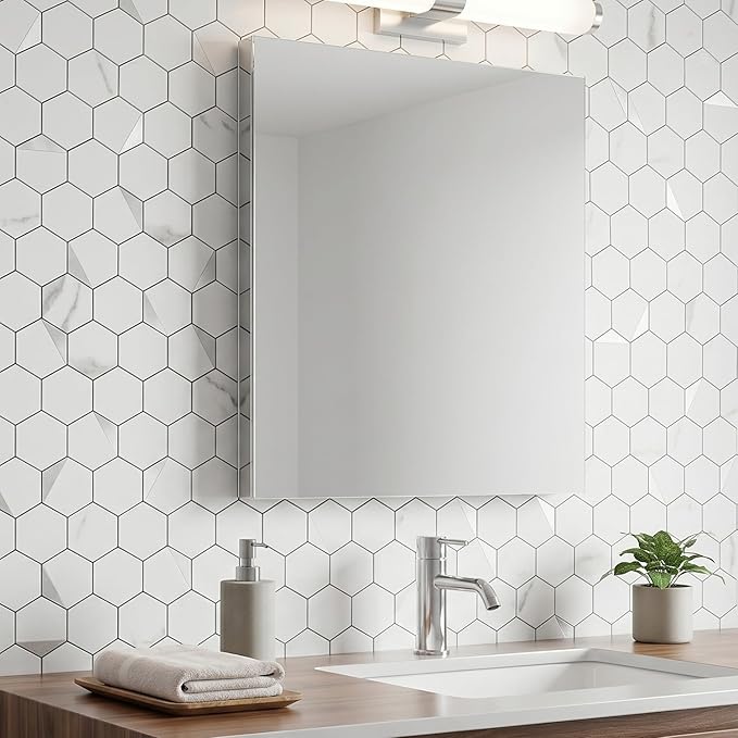 10-Sheet Peel and Stick Tiles for Kitchen Backsplashes, Hexagon 12.2x11.54 inches Marble White Mixed Silver Metal 3D PVC Wall Tile Stick on Backsplash for Bathroom Waterproof