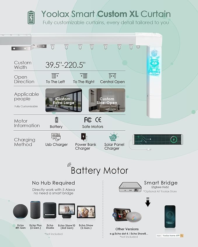 Yoolax Motorized Curtains with Remote, Blackout Curtains with Voice Control, Smart Retractable Shades for Living Room, Bedroom, Compatible with Alexa Google Home, APP Control, Custom Size, Taupe