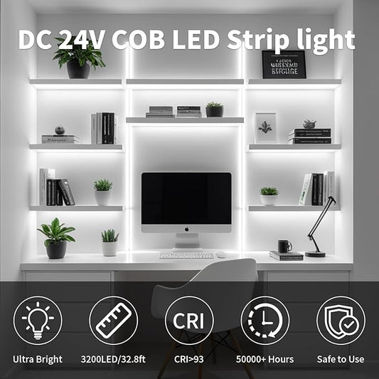 32.8FT/10M COB LED Strip Light, Cold White 6000K LED Tape Lights, 8mm Width, CRI93+ Dimmable Flexible Lights Strip for Bedroom TV Backlight Cabinet Kitchen Mirror Decor(with Plug)
