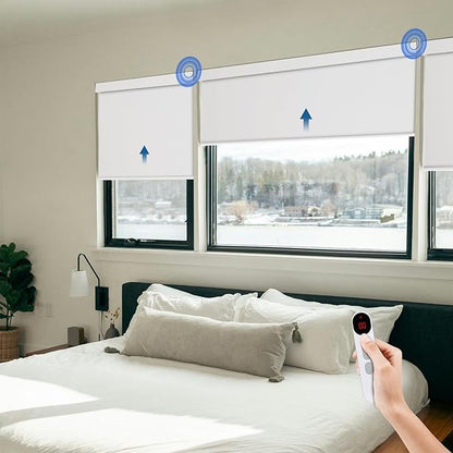 Motorized Blinds for Windows - Hapadif Roller Window Shades with Remote, No-Drill Installation, Cordless Automatic Blackout Electric Blinds, Adjustable Height, Easy to Use (White, 35 x 72)