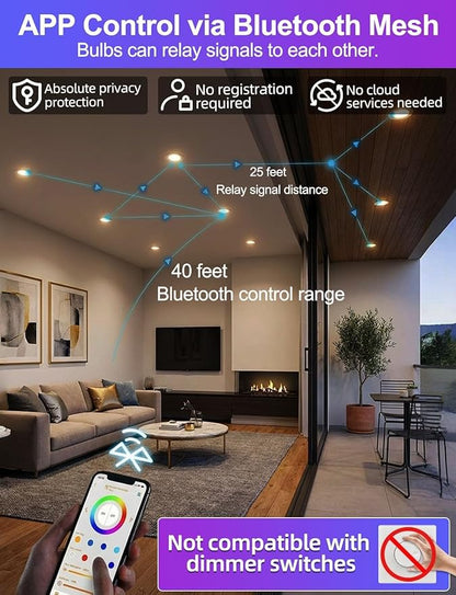 12 Pack BR30 LED Recessed Can Light Bulbs, 16 Million RGB Color Changing, BRmesh APP Bluetooth Control, 2700K-6000K Tunable White, E26 Base 10W 900LM (75W Equiv.), Fits 5"/6" Indoor Cans Only