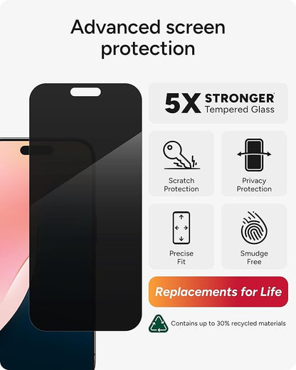 ZAGG Glass Elite Privacy Screen Protector for iPhone 16 Pro - 2-Way Privacy Filter, Ultra-Strong Tempered Glass, 5X Stronger, Smudge-Free, Easy Install, InvisibleShield, Recycled Content