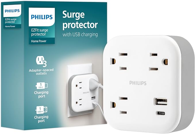 Philips EZFit 3-Outlet Surge Outlet Extender with USB, 1 USB-A, 1 USB-C