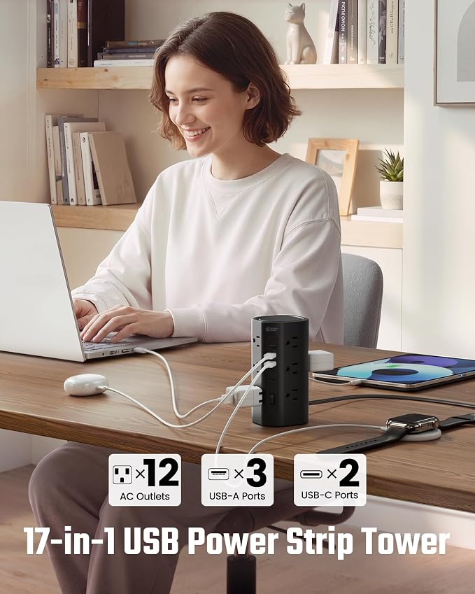 SUPERDANNY Tower Power Strip, 20Ft Extension Cord, 1700J, 12 AC 5 USB,Black | 3 USB A, 2 USB C, Surge Protector Power Tower, Flat Plug, Desk Charging Station with Multiple Outlets, Home Office Dorm Room