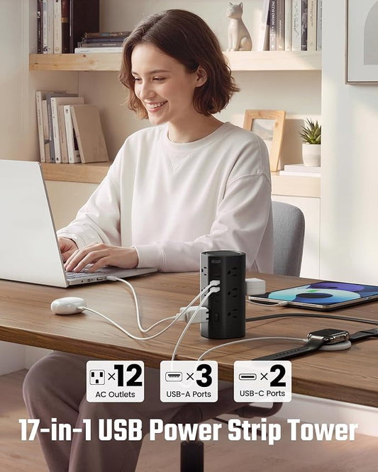 SUPERDANNY Tower Power Strip, 20Ft Extension Cord, 1700J, 12 AC 5 USB,Black | 3 USB A, 2 USB C, Surge Protector Power Tower, Flat Plug, Desk Charging Station with Multiple Outlets, Home Office Dorm Room