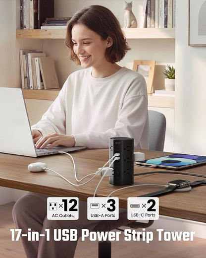 SUPERDANNY Tower Power Strip, 15Ft Extension Cord, 1700J, 12 AC 5 USB,Black | 3 USB A, 2 USB C, Surge Protector Power Tower, Flat Plug, Desk Charging Station with Multiple Outlets, Home Office Dorm Room