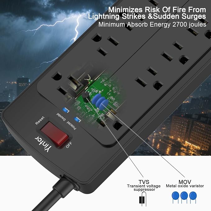 Yintar 6Ft Surge Protector Power Strip with 12 Outlets and 4 USB Ports | 6 Feet Flat Plug Extension Cord with Multiple Outlets for Home, Office, Dorm Essentials, 2700 Joules, ETL, Black