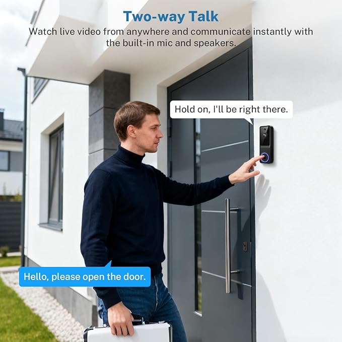 SoraNari Wireless Video Doorbell Camera,1080P FHD, Motion Detection, Two-Way Audio, Night Vision, Cloud Storage, Battery Powered, 2.4GHz Wi-Fi Only, Indoor Outdoor Surveillance